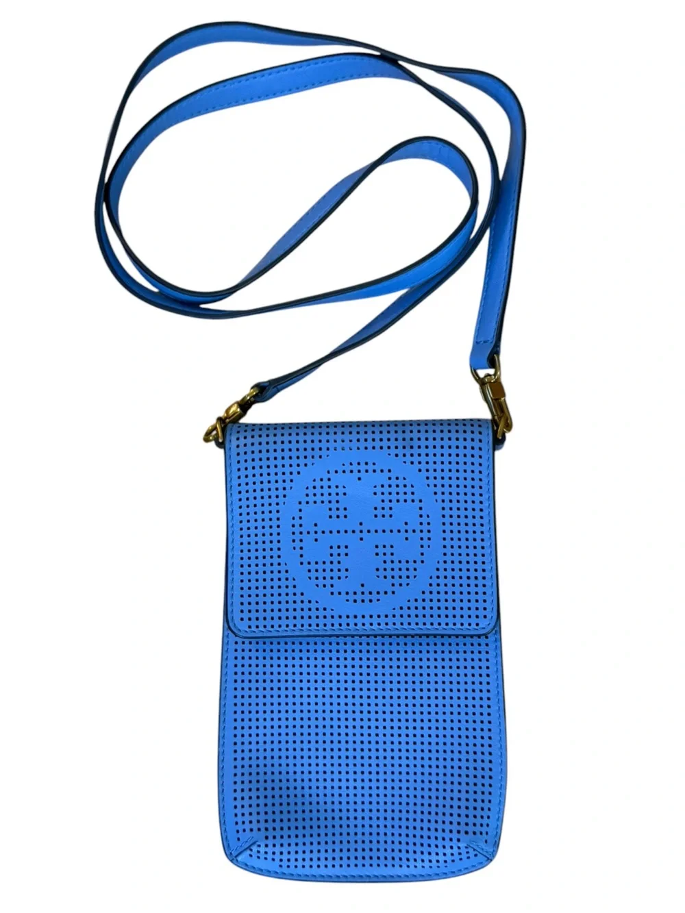 Tory Burch Logo Perforated Leather Crossbody Phone Bag w/ Dust Bag Montego Blue